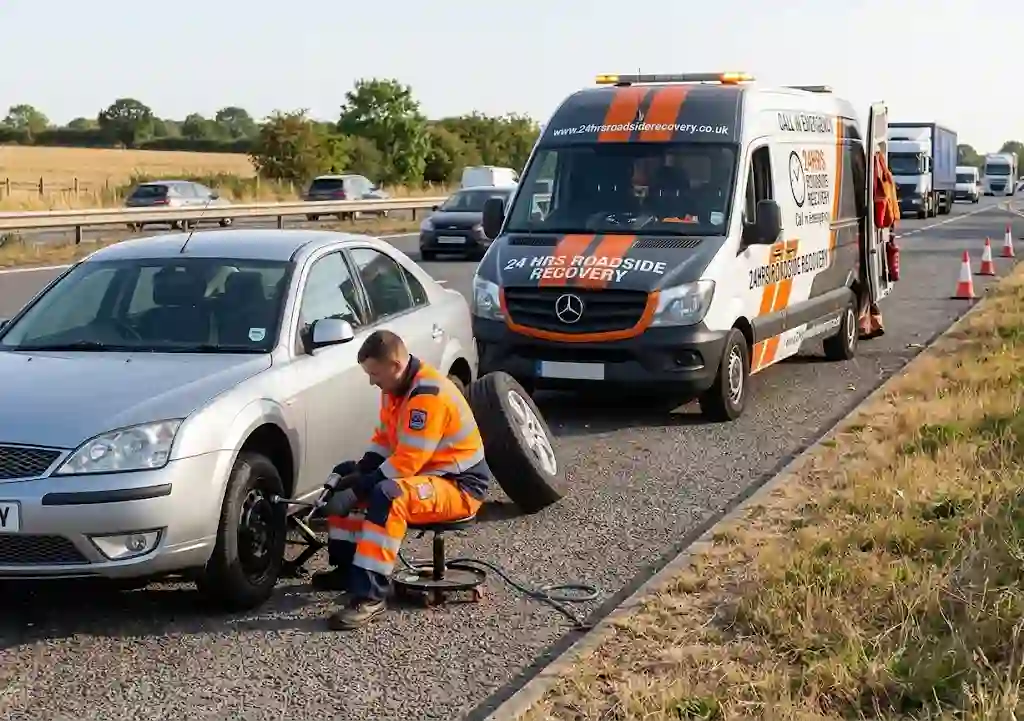Mobile tyre fitter replacing a tyre at the roadside